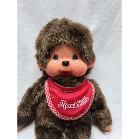 SEKIGUCHI 7.5" MONCHHICHI BOY WEARING RED BIB HOLDING PACIFIER DOLL - Picture 2 of 10